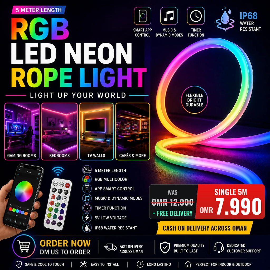 Smart RGB LED neon rope light 5 meter with app and music sync – Jeddah Crystal Oman